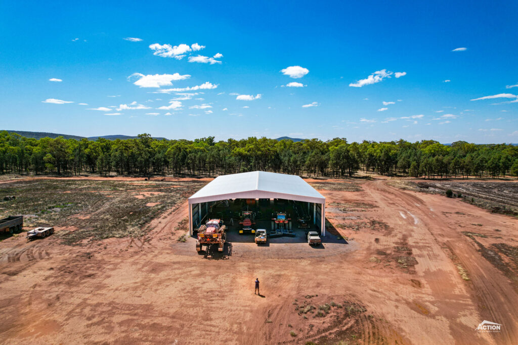 Drive through machinery shed drone photo NSW